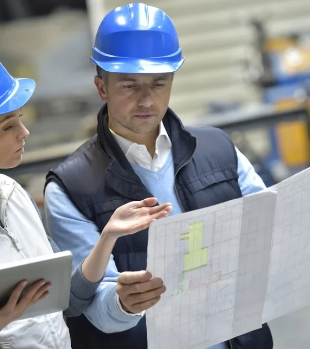 Engineers in mechanical factory reading instructions-1